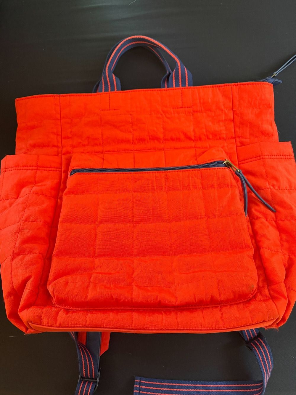 Quilted Convertible Tote Backpack Red Orange Navy Striped Travel Work Bag